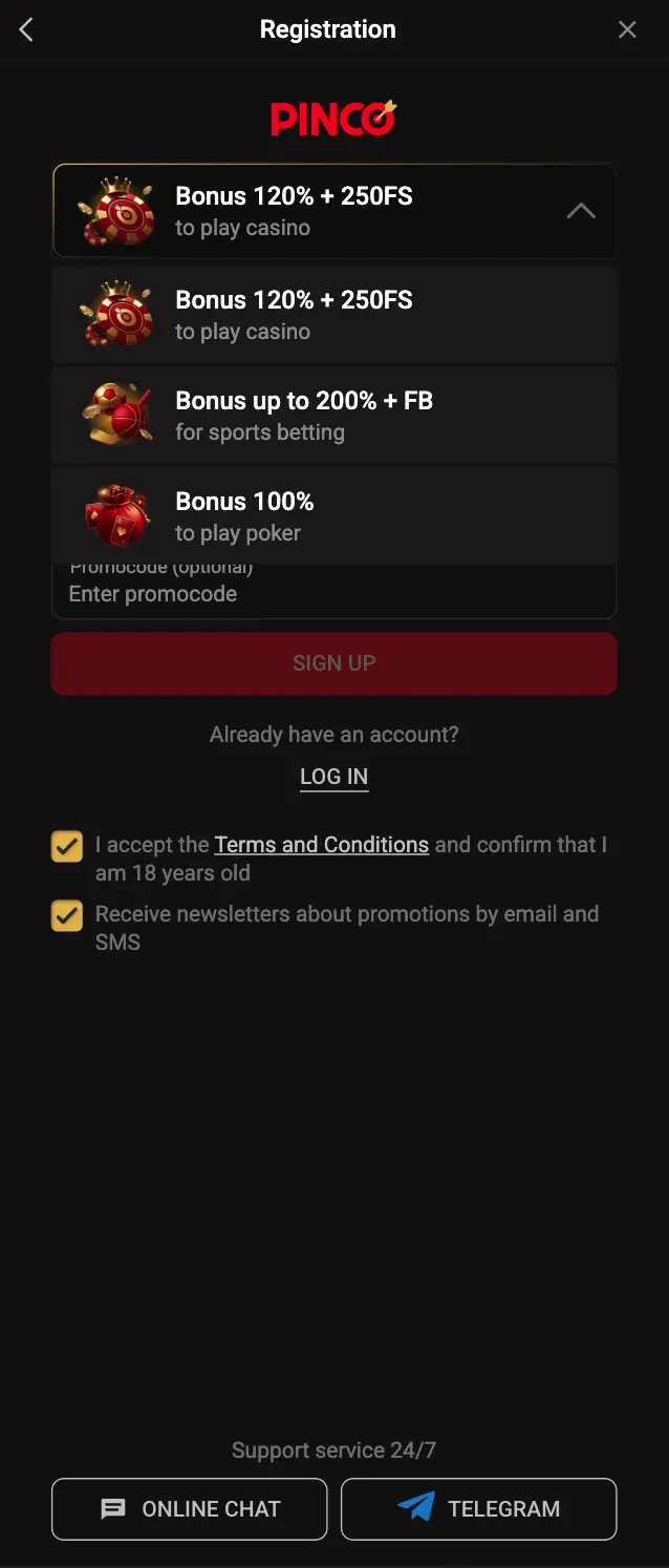 Bonus selection during registration